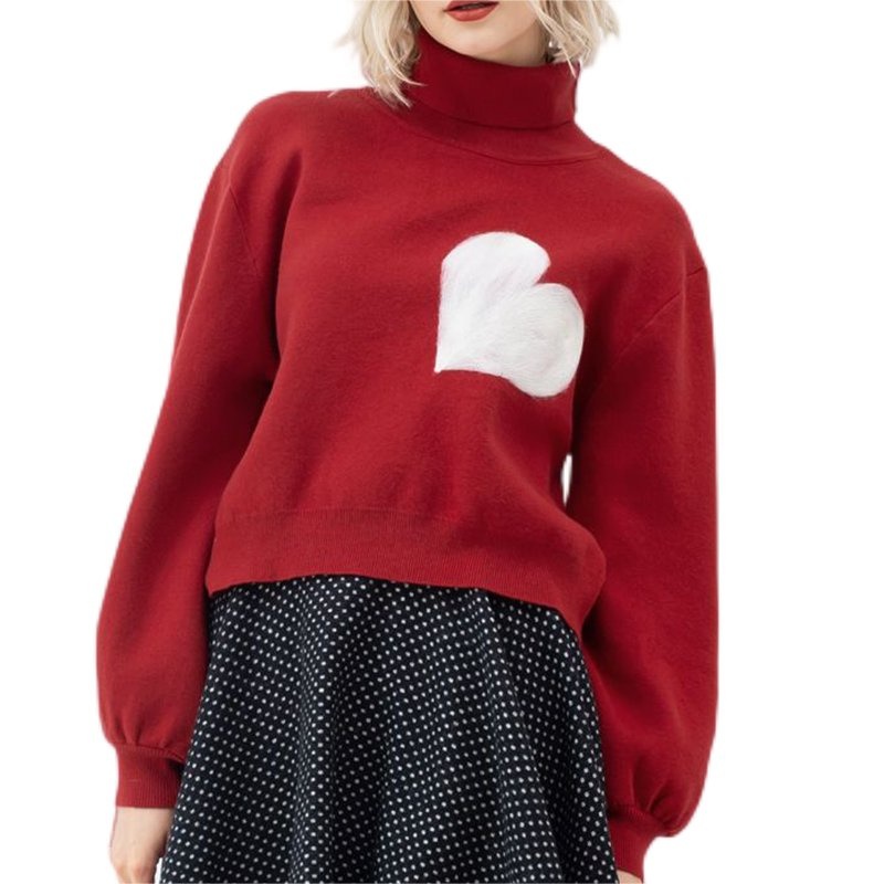 Designer Styles Lantern Sleeves Women Pullovers Double Neckline Sweaters for Women Love Heart Pattern Jacquard Women Sweater – Ladies Sweater and Striped Sweater price|S, S/M/L/Customized Size