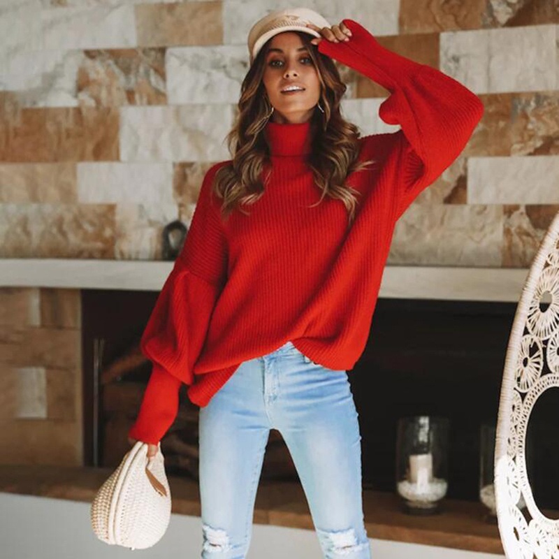 Fashion Women Lantern Sleeve Winter Plain Pullover Loose Turtleneck Knit Sweater – Autumn Winter Women Sweater and Fashion Sweater price|S, S, M, L, XL