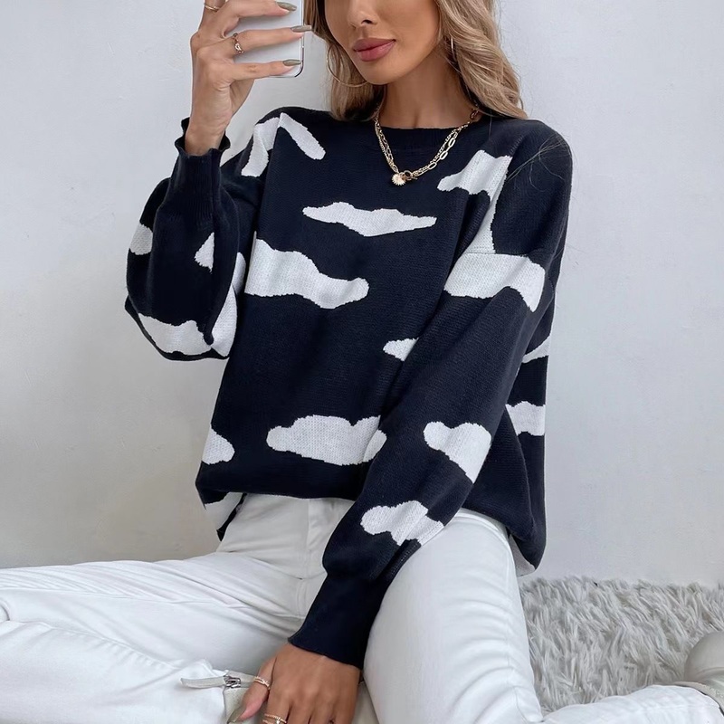 New O Neck Knitted Clouds Graphic Sweater Pullover Sweater Jacquard Sweater for Women – Graphic Sweater and Pullover Sweater price|S