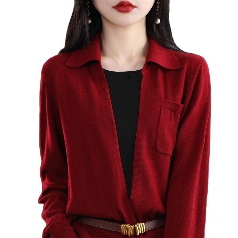 Spring New Knitted Worsted Sweater Womens Polo Lapel Two Pieces Color Matching Sweater Pocket Long Sleeve Top – Knitted Womens Tops and Long Sleeve Top price|S, Customized