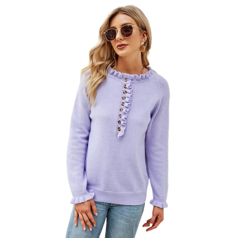 Wholesale Ruffle Round Neck Button Knit Pullover Sweater for Women – Sweater for Ladies and Sweater Women price|S, S, M, L, XL