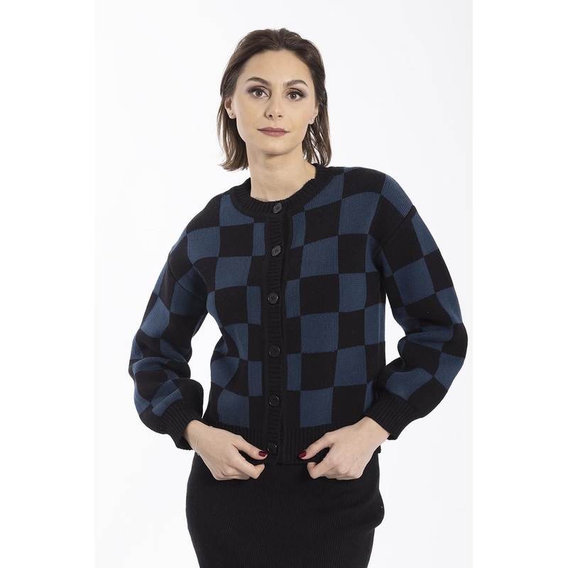2022 Ladies Popular Checkerboard Special Jacquard Round Neck Button Cardigan Sweater – Womens Cardigan and Womens Knitwear price|S