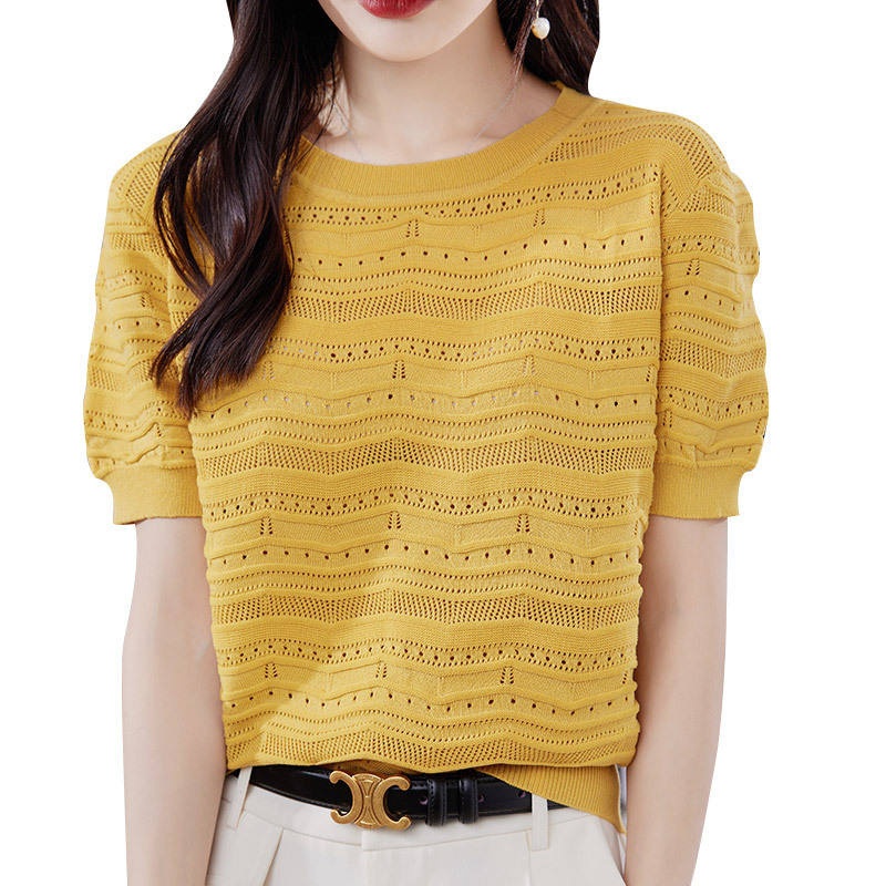 2023 Summer Solid Color Pullover Sweater Womens Korean Style Loose Slimming Short T-Shirt Top – Knitted Womens Tops and Summer Knitwear price|S, Customized