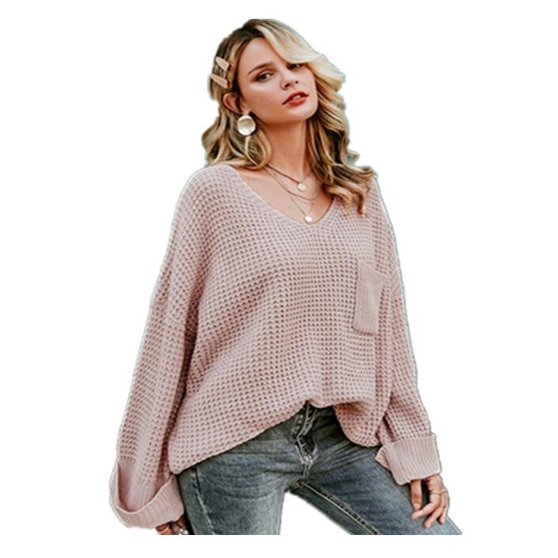 Autumn Winter V Neck Oversize Casual Women Pocket Knitted Sweater – Pullover Sweater Women and Winter Sweater Women price|S, S, M, L, XL, 2XL