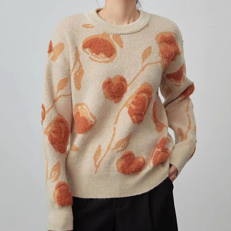 Fashion Jacquard Patterned Acrylic Sweater Crew Neck Knitted Pullover – Women Clothing and Knitwear price|S