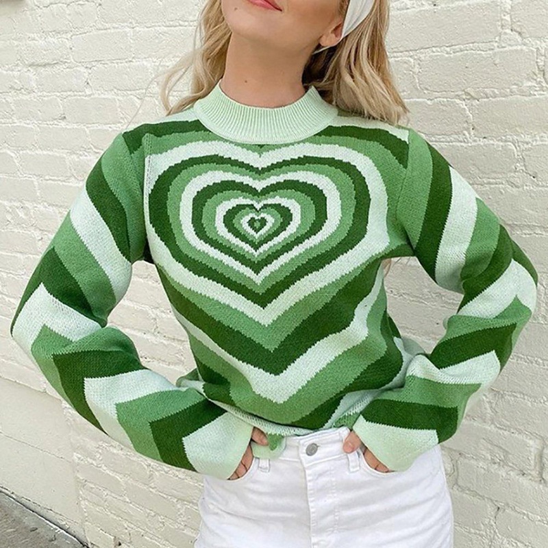 Ladies Clothing Winter Heart Pattern Jacquard Knitted Crewneck Sweater Tops for Women – Ladies Pullover Sweater and Round Neck Sweater price|S, S, M, L, XL