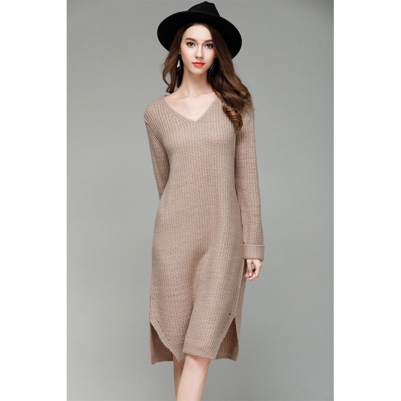 Solid Color Clothing Loose Knitwear Casual Dress V-Neck Fashion Sweater – Dress and Clothes price|S