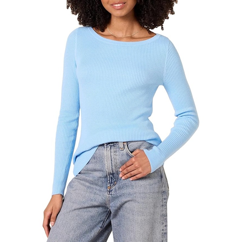 Womens Lightweight Ribbed Long-Sleeve Boat Neck Slim-Fit Jumper – Knitwear Pullover and Soft Warm price|M