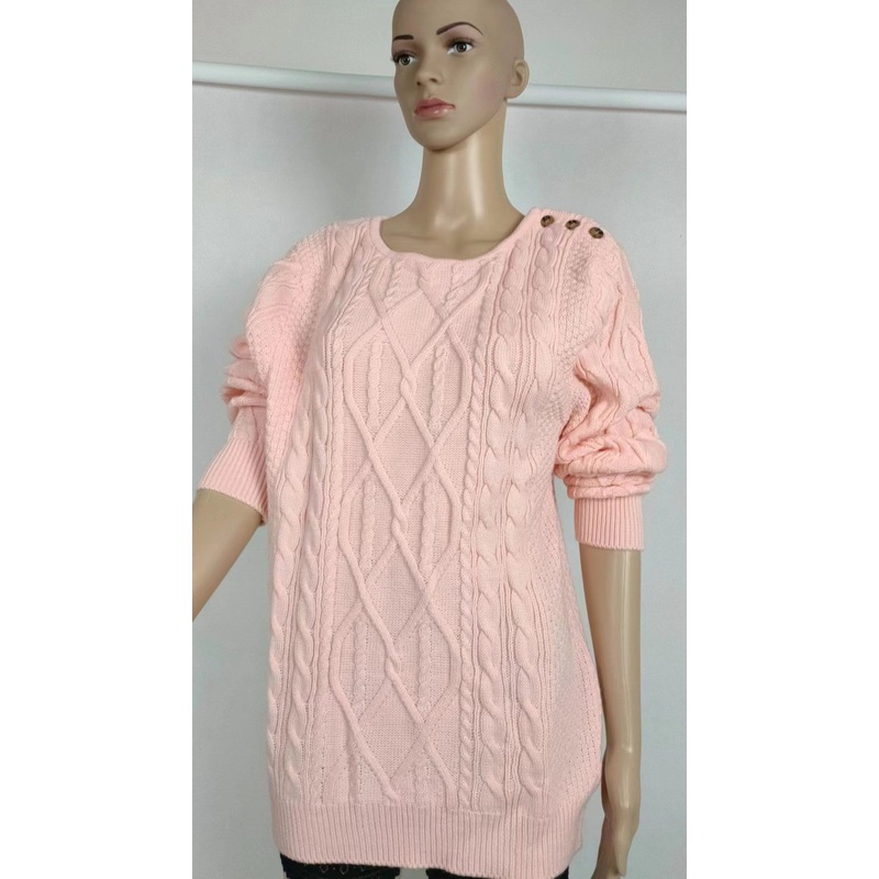 Womens Long Sleeve Knit Sweater Shoulder Button Pullover Rpund Neck MID Length Tunic Jumper Sweater – Women Fashion and Women Clothes price|S