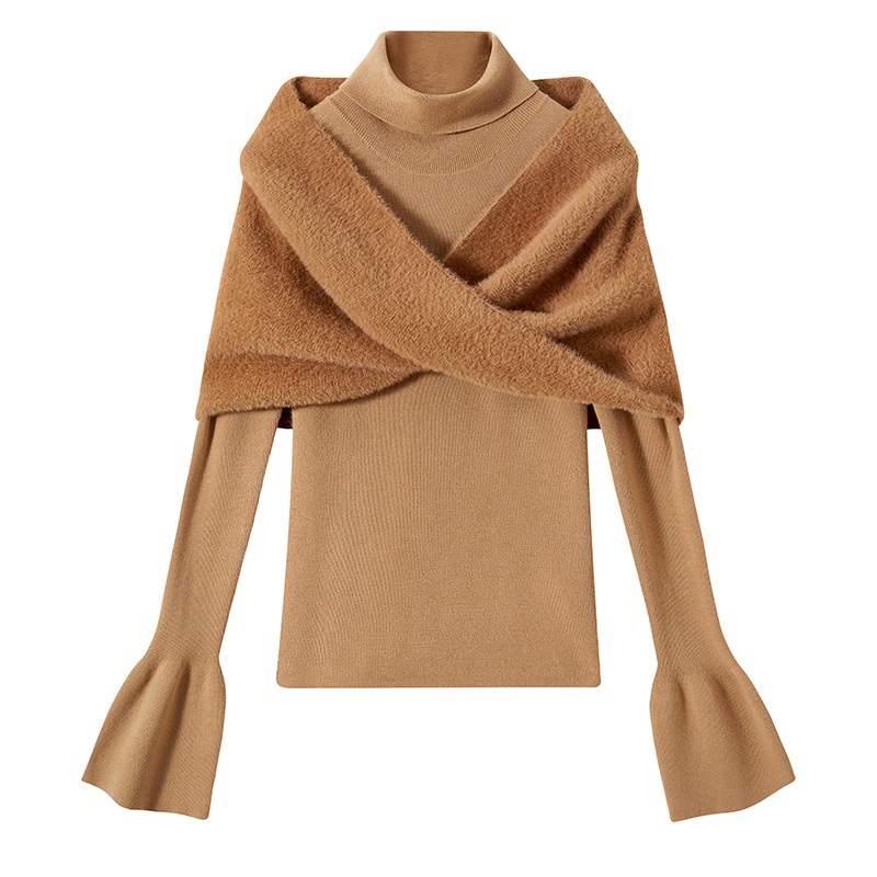 Wool Cold Shoulder Blouse with Shawl 2 Pieces Set Pullover Knitted Top Women Turtleneck Sweater for Winter – Women Turtleneck Sweater and Wool Sweater for Winter price|S/M/L