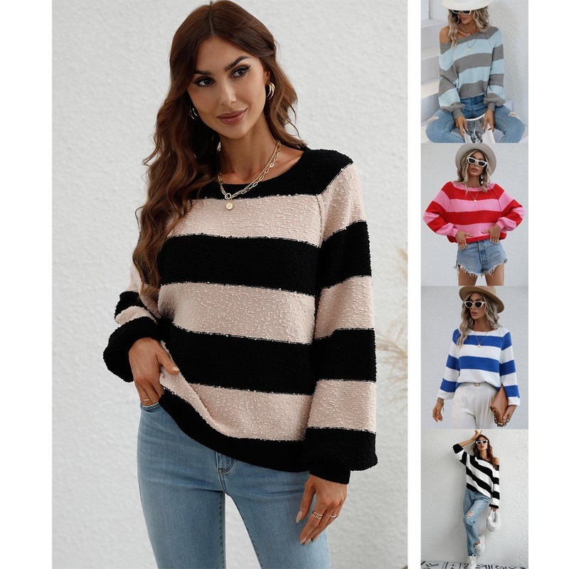 Custom Street Clasic Winter Fall Boat Neck Women Apparel Black Clothing Lady Girl Color Blocking Blue Striped Sweater – Woman Sweaters and Striped Sweater price|S