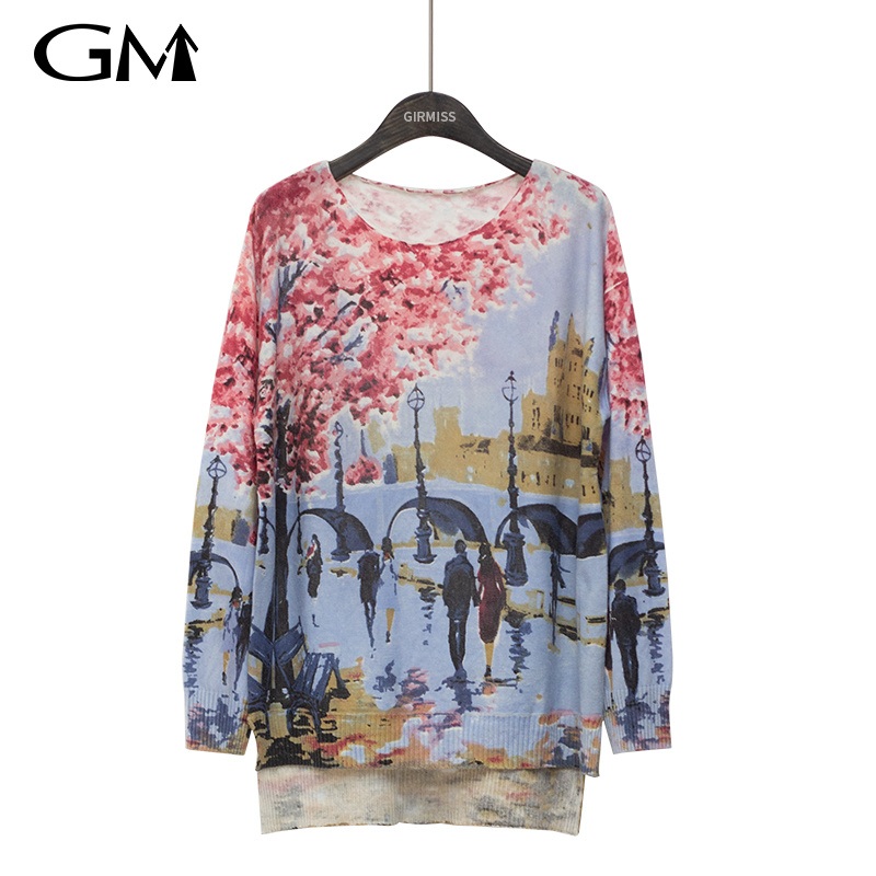 Fashionable New Oil Painting Printing Round Neck Knitted Top – Print and Top price