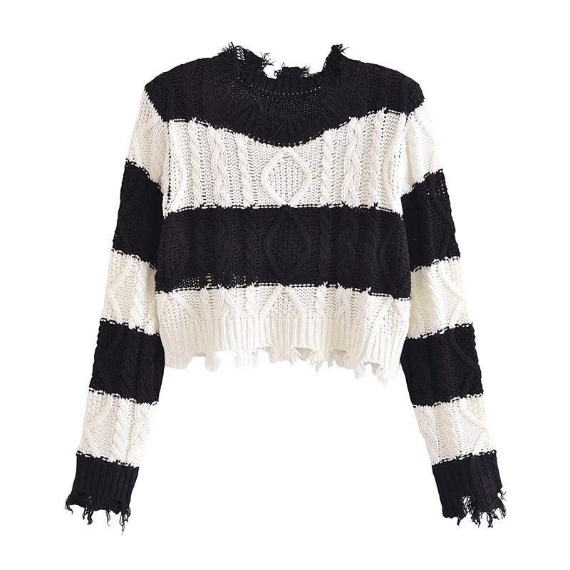 Pb&Za Womens Wholesale Striped Knitted Short Raw Edge Sweater – Designer Sweater and Sweaters for Women price|S, S . M . L