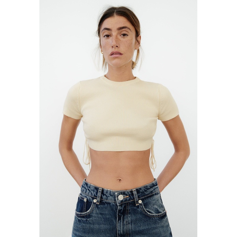 Round Neck Short Sleeves Knit Top Drawstring Adjustable Crop Short Summer Knitted Sweater – Short Sweater and Crop Tops price|S