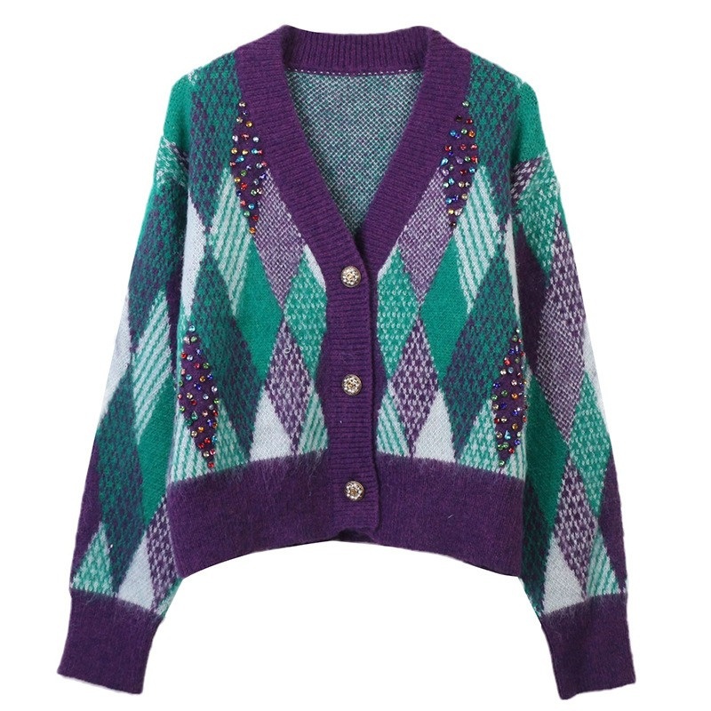 Stylish Rhinestones Decoration Mohair Argyle Jacquard Knit Cardigan Knitwear Womens Sweater – Mohair Sweater and Sweater Cardigan price|S