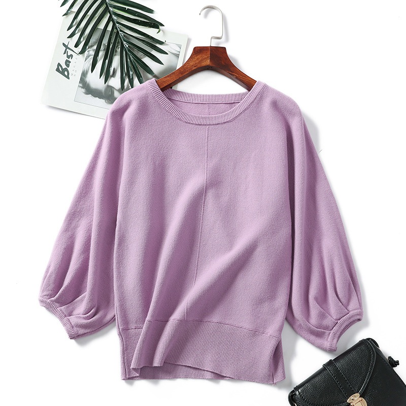 Winter Knitted Tops Blouses Women Round Neck Puff Sleeves Solid Color Loose Pullover Sweaters – Baby Clothes and Clothing price|S