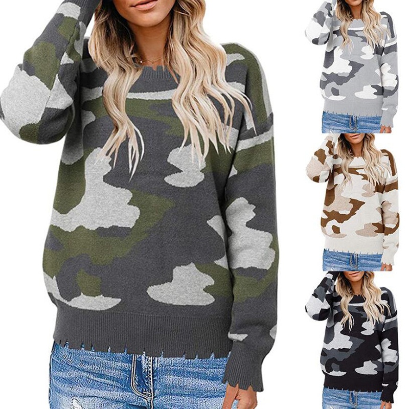 Winter Loose Womens Irregular Round Neck Camouflage Print Sweater Tops – Autumn Winter Sweater Top and Fashion Sweater price|S, S, M, Lxl