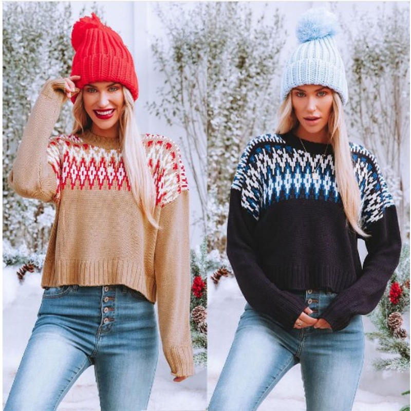 Women Round Neck Retro Rhombus Pattern Pull Over Sweater – Retro Rhombus Pattern Sweater and Women Pull Over Sweater price|S