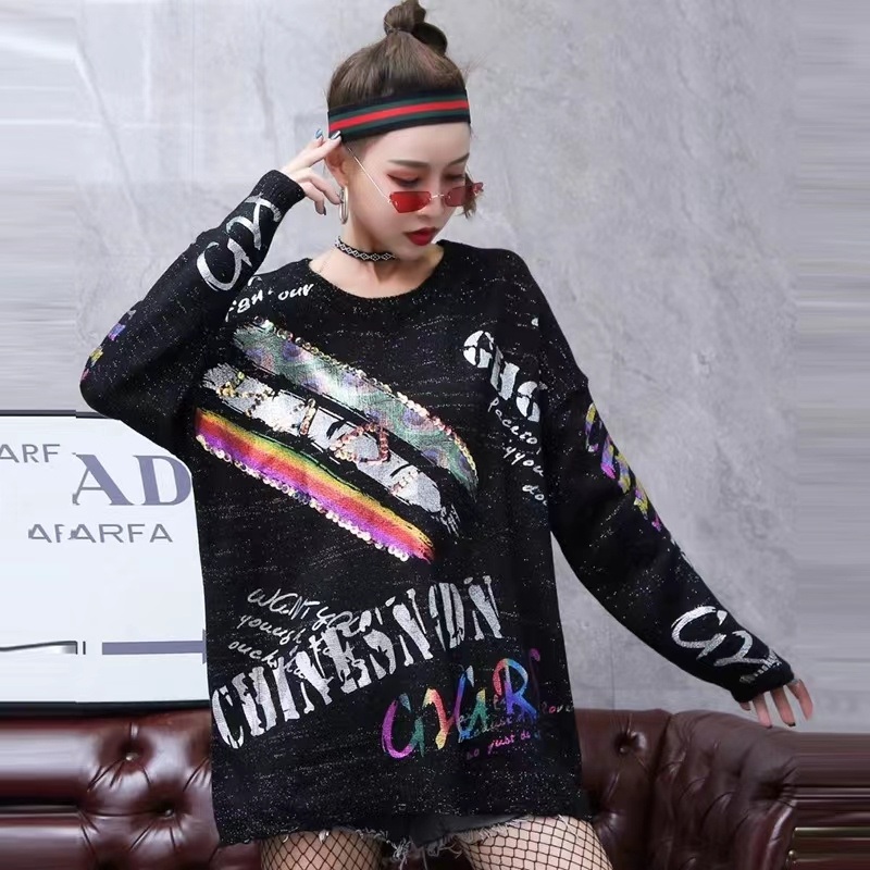 Autumn/Winter 2022 New Fashion Fashion Knitted Loose Pullover Womens Sweater Heavy Process Bronzing Printed Sequin Sweater of Apparel – Women Clothing and Apparel price