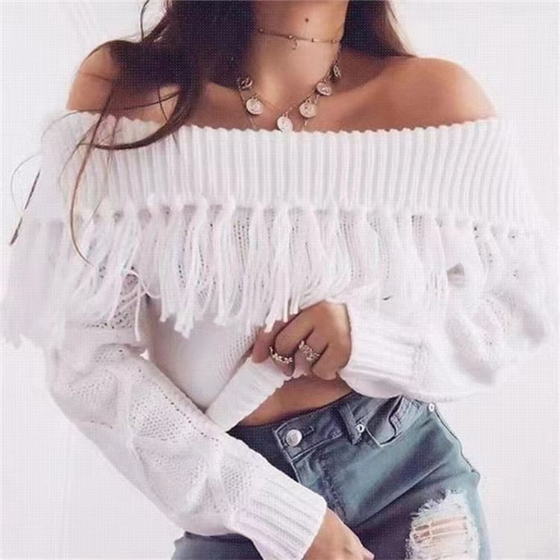 Spring/Fall 2022 New Trend Womens Fashion Tassel Large Lapel Top Sexy off-The-Shoulder Neck Sweater – Women Clothes and Apparel price