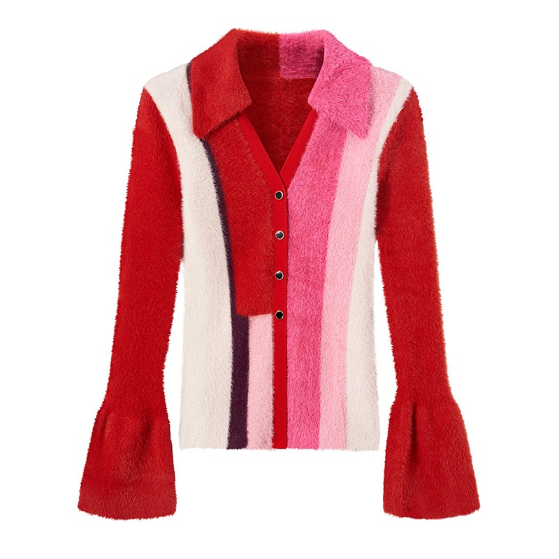 Womens Colorblock Striped Sweater for Winter Long Sleeve V Neck Pattern Blouse Furry Knit Cardigan with Button – Knit Cardigan with Button and Striped Sweater for Winter price|S/M/L