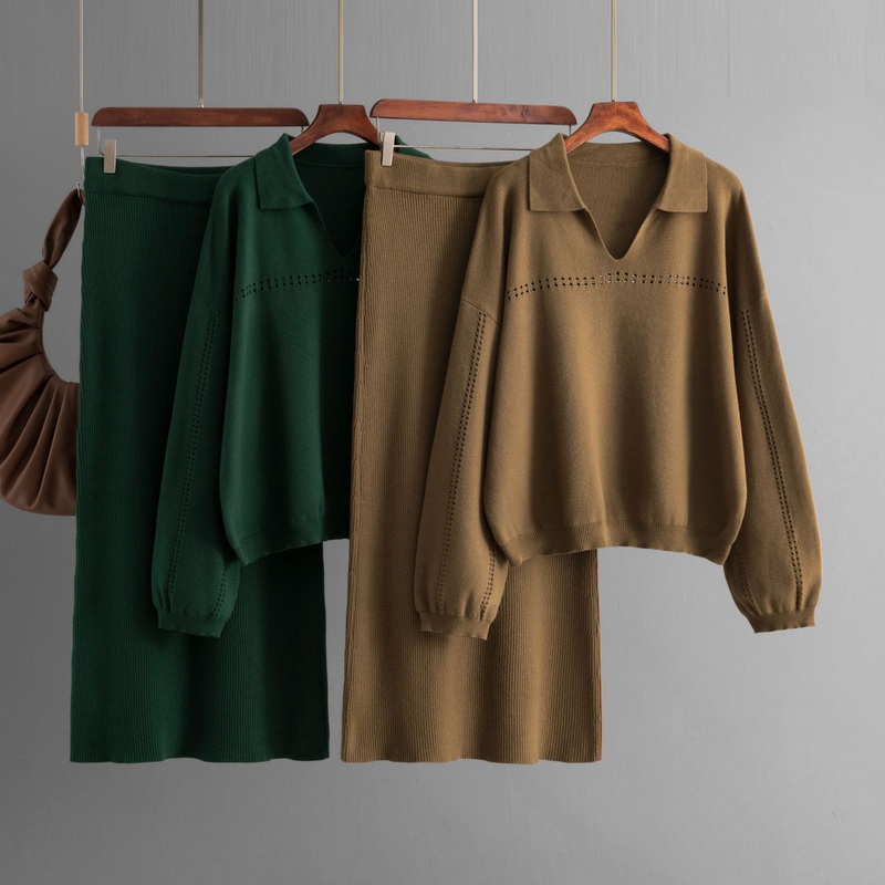 Autumn Winter Knitted Polo Collar Simple Hollow Solid Color Loose Sweater Pullover + Knit Skirt – Sweater Set and Women Sweater price