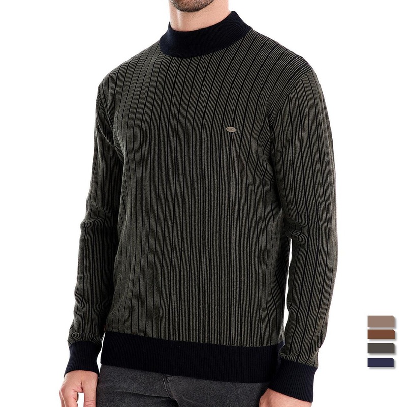 Autumn Winter Mock Neck Knitwear Top Fashion Men Big Striped Ribs Basic Pullover Sweater – Striped Sweater and Men Sweater price