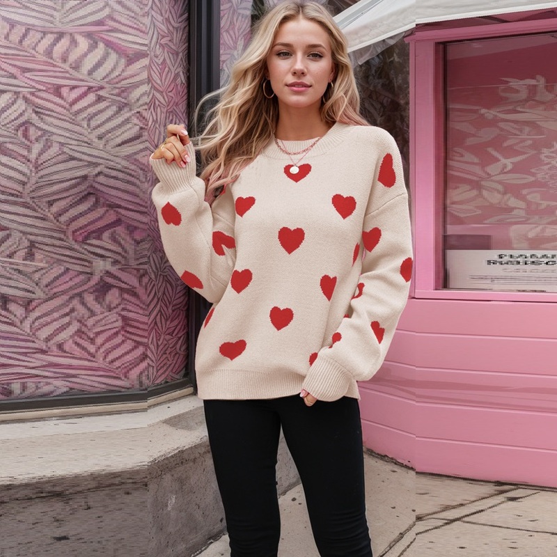 Autumn Winter Women Long-Sleeved Knitwear Top Clothing Round Neck Heart Love Jacquard Fashion Sweaters – Letter Jacquard Sweater and Women Sweater price