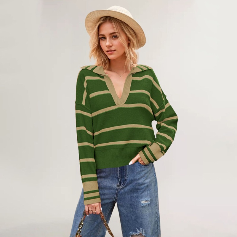 Autumn Winter Womens Fashion Patchwork Striped Knitwear Clothing Lapel Loose Large Size Sweater for Women – Striped Sweater and Women Sweater price