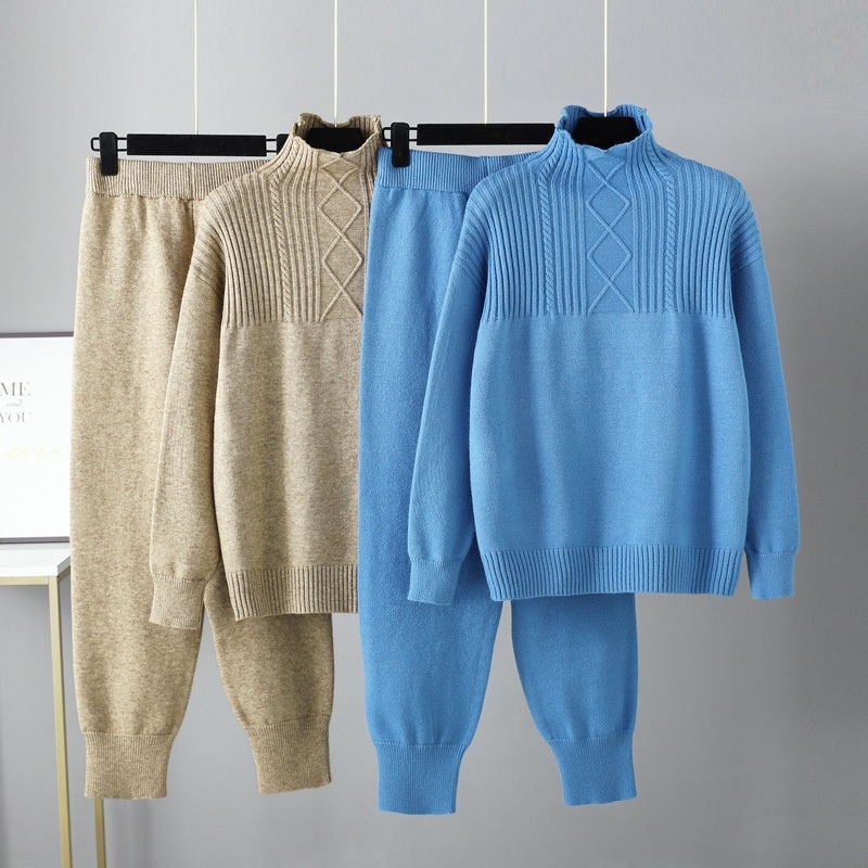 Casual Loose Autumn Winter Soft Knitted Pants Suit Woman High Neck Warm Cozy Classic Sweater Set – Women Sweater Set and Women Sweater price