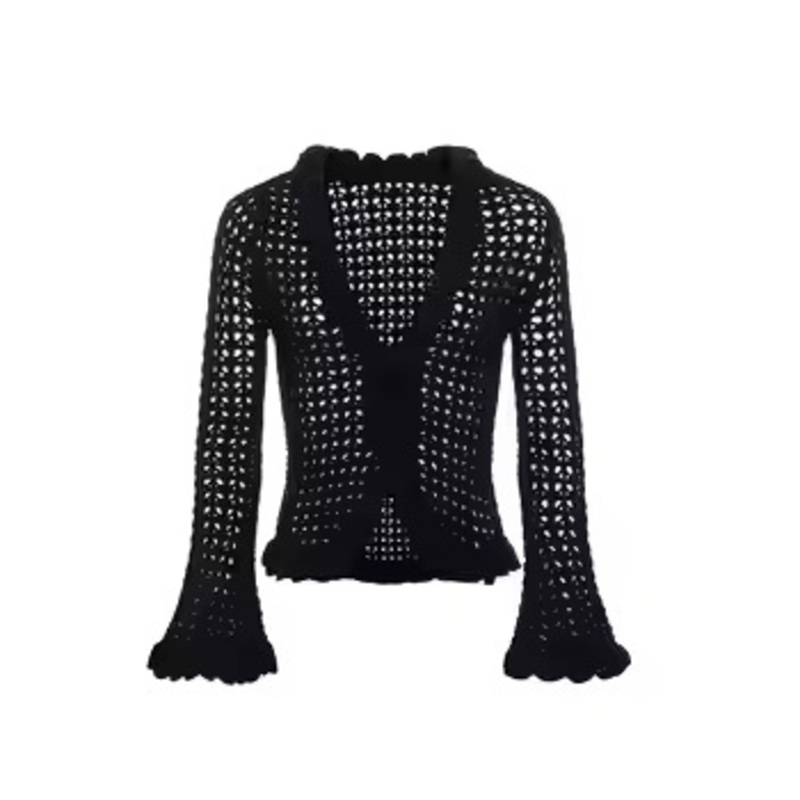Custom Design Clothing Vintage Hollowed Crochet Bell Sleeve Ruffled Cuffs Knitted Long Cardigan Sweater – Cardigan Sweater and Custom Design Clothing price