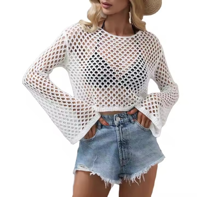 Custom Special Summer Open Hole Long Wide Flare Sleeve Transparent Knit Top Crop Women Wool Open Work Crochet Pullover Knitwear – Crop Women Pullover and Crochet Pullover Knitwear price