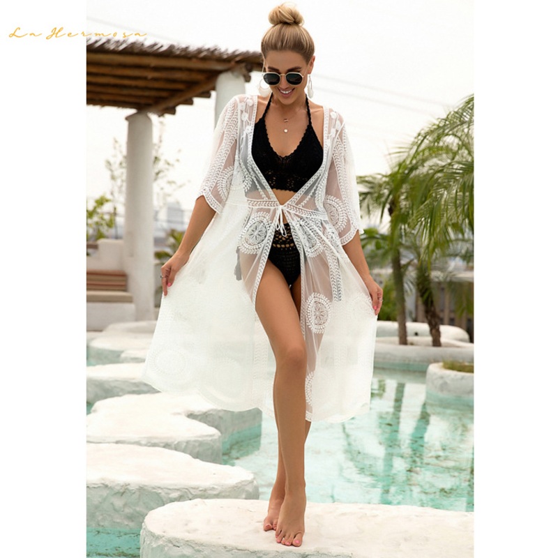 Ladies Summer Beach White Color Hollowed out Bikini Cover-UPS Long Lace Cardigan Sunscreen Clothes Swimwear Coverup – Women Coverup and Coverup price