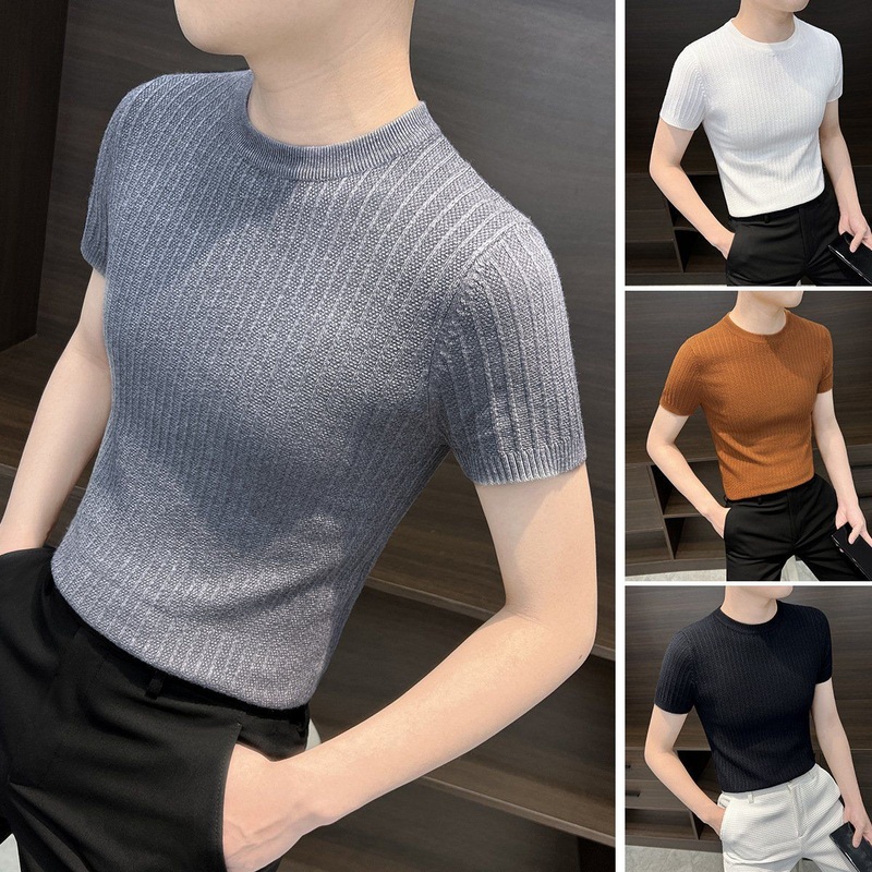 Mens Short Sleeved Knitted Sweater Autumn Slim Fit Striped Round Neck Knitwear – Mens Knitted Sweaters and Knitwear Men price