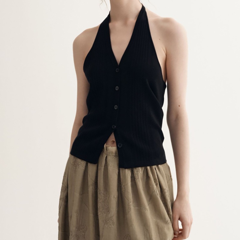 Summer Cotton Women Unique Knit Knitwear Sleeveless Suspenders Backless Vest Cardigan Sweater – Knitted Sweater and Cardigan Knitwear price