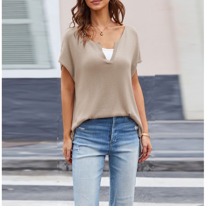 Summer V-Neck Loose Casual Blouses Tops Large Size Casual Women Pullover Short-Sleeved Knit T Shirt – Women Knit T Shirt and Women Sweater price