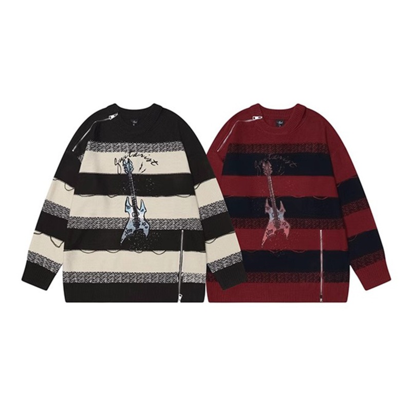 Vintage Amazon Loose Womens Autumn and Winter Pullover Striped Sweater with Metal Zipper on Shoulder – Knit Sweater and Unisex Sweater price