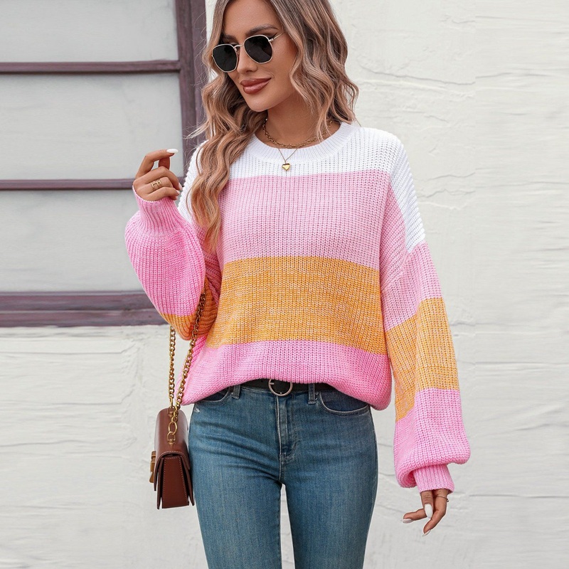 Wholesale Autumn Winter Street Fashion Knitwear Clothes Female Casual Crew Neck Women Color Block Striped Sweater – Striped Sweater and Women Sweater price