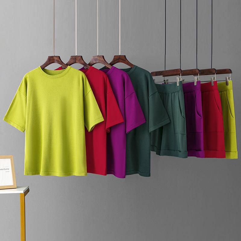 Women Summer Loose Wear Casual Two-Piece Set Solid Color Round Neck Short-Sleeved T-Shirt Shorts Sets – Women Summer T Shirt and Women Sweater price