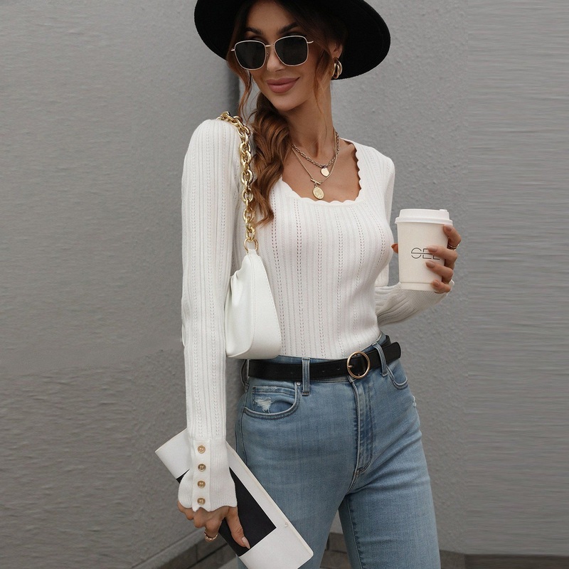 Autumn Winter Basic Sweater Knitwear Thin Fashion Petal Squared Collar Solid Color Button Pullover Sweater – Fashion Sweater and Women Sweater price