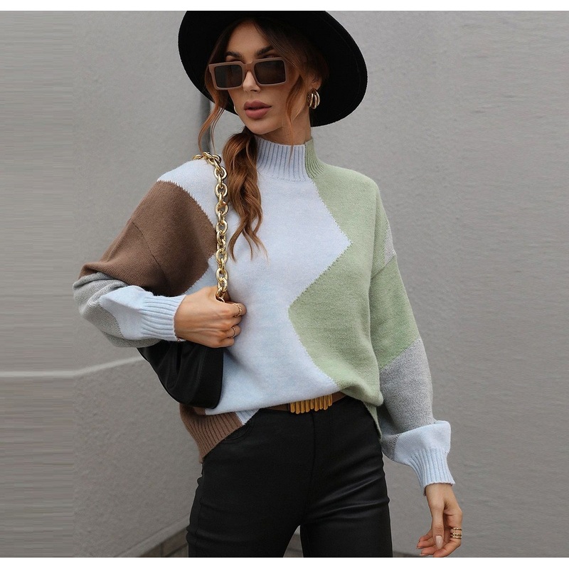 Autumn Winter Color Blocking Knitwear Clothing Loose Color Match Round Neck Women Pullover Sweater – Color Blocking Sweater and Women Sweater price