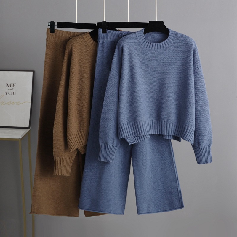 Autumn Winter Fashion Casual Knit Knitwear Suit Pants Women Loose Wide Leg Trousers Long Pants Two-Piece Sweater Set – Sweater Set and Women Sweater price