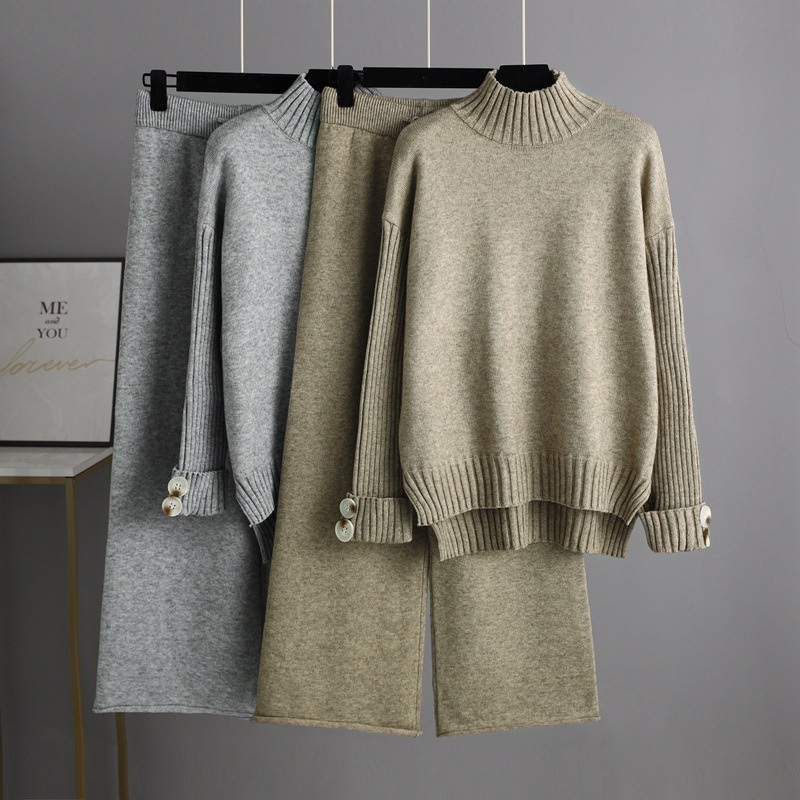 Autumn Winter Female Suit Women Mock Neck Long Sleeve Buttons Sweater + Knit Pants – Sweater Set and Women Sweater price