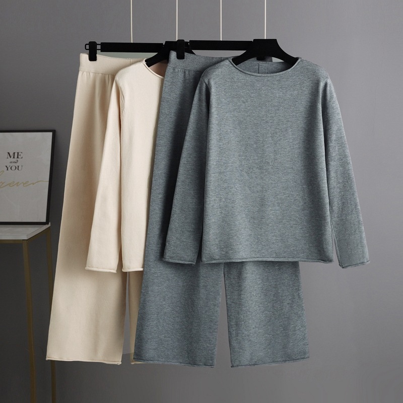 Autumn Winter Home Wear Lazy Knit Wide-Leg Pants Suit Women Fashion Casual Pants Two-Piece Sweater Set – Women Sweater Set and Women Sweater price