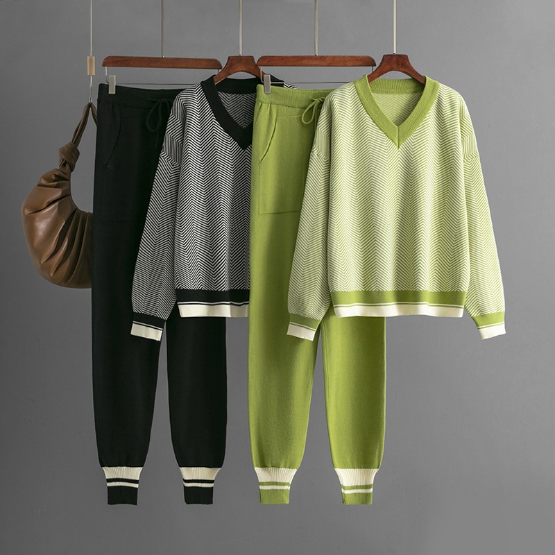Autumn Winter Knitted Knitwear Clothing Pocket Drawstring Pants Striped V-Neck Large Size Loose Long Sleeve Commuter Two-Piece Women Sweater Set – Women Sweater Set and Women Sweater price