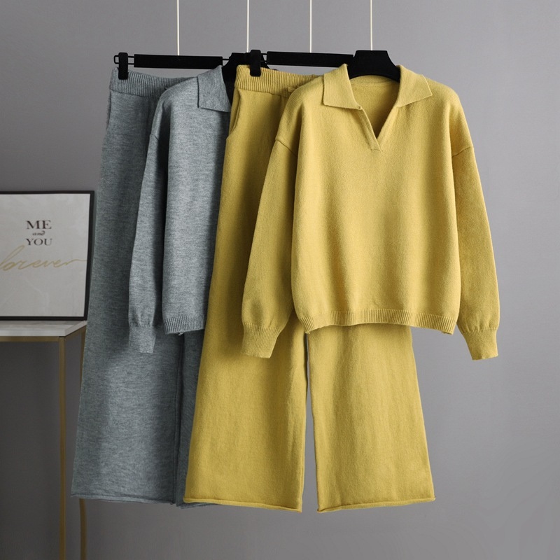 Autumn Winter Knitted Suit Women Loose Polo Neck Knitwear Wide Leg Pants Trousers Angola Two-Piece Set V Neck Warm Lounge Wear Sweater Set – Women Sweater Set and Women Sweater price