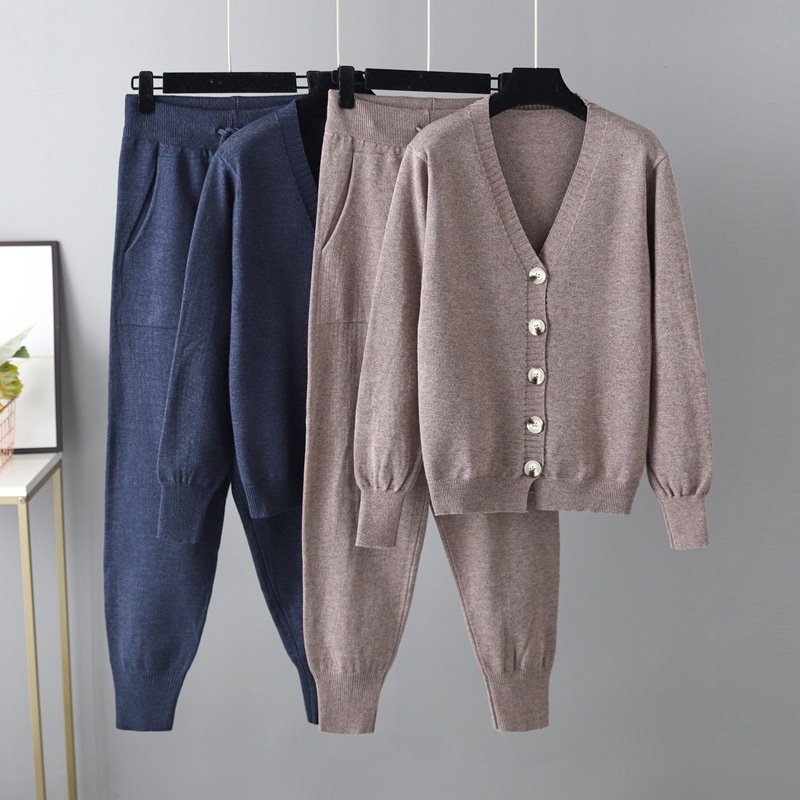 Autumn Winter Pocket Pant Solid Color Cardigan Knitwear V-Neck Two-Piece Cardigan Sweater Set – Women Sweater Set and Women Sweater price