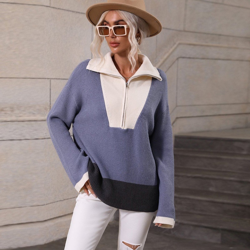 Autumn Winter Pullover Match Color Knitting Long Sleeve Color Blocking Zipper Sweater Pullover – Zipper Sweater and Women Sweater price