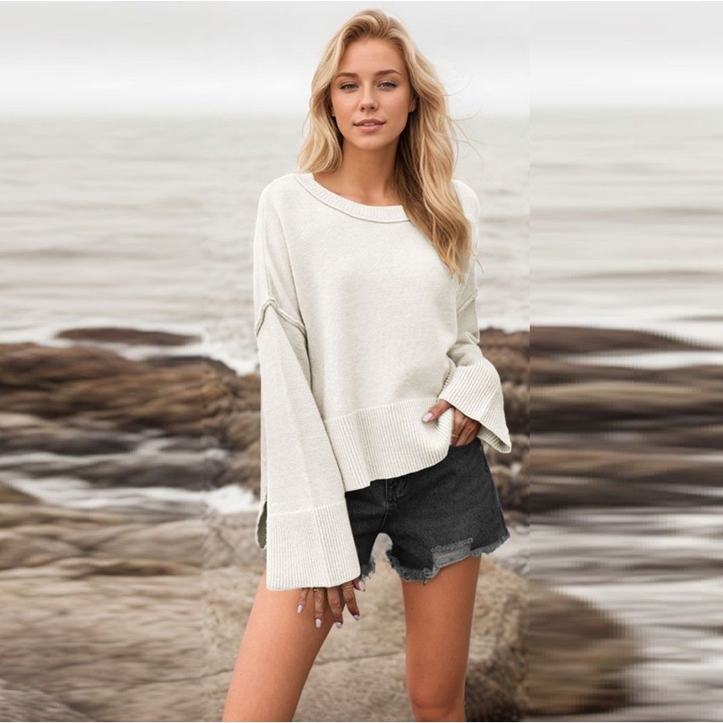 Autumn Winter Street Style Round Neck Trumpet Sleeve Solid Color Round Neck Women Sweater – Oversized Sweater and Women Sweater price