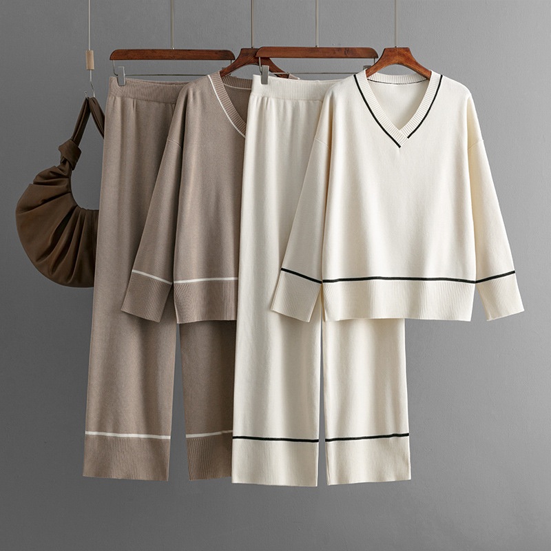 Fashion Knitwear Set Women Autumn Winter Loose Knit Pants Trousers Two-Piece Set V Neck Hem Striped Sweater Set – Women Sweater Set and Women Sweater price